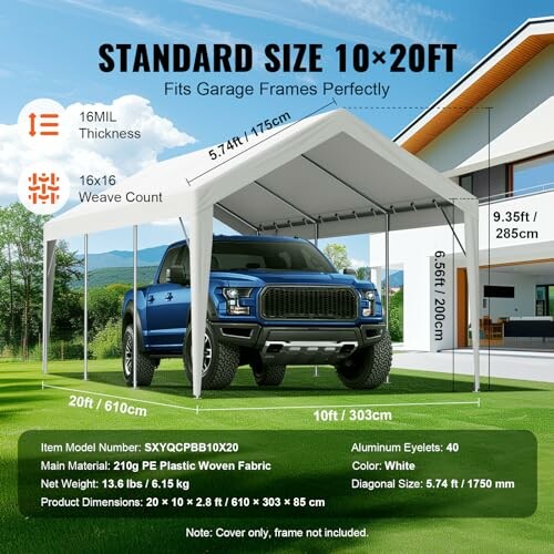 Carport shelter with truck, measurements and specifications shown.